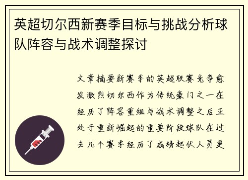 英超切尔西新赛季目标与挑战分析球队阵容与战术调整探讨