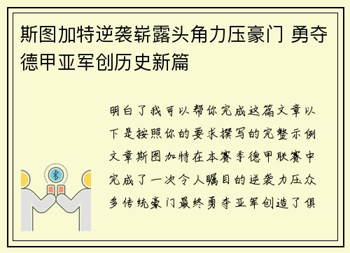 斯图加特逆袭崭露头角力压豪门 勇夺德甲亚军创历史新篇