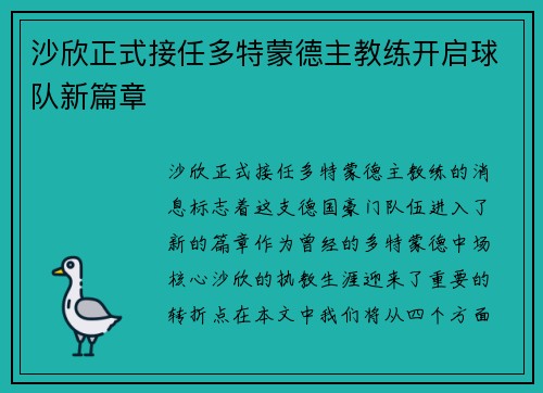 沙欣正式接任多特蒙德主教练开启球队新篇章